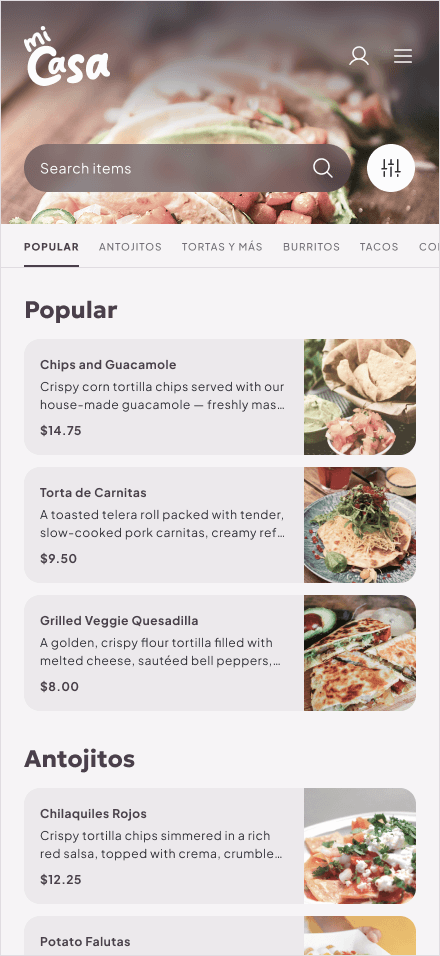 High-fidelity design: home screen