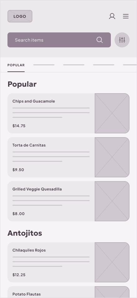 Wireframe: home screen