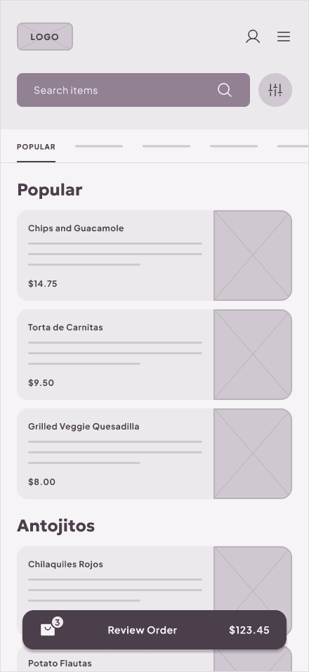 Wireframe: menu screen