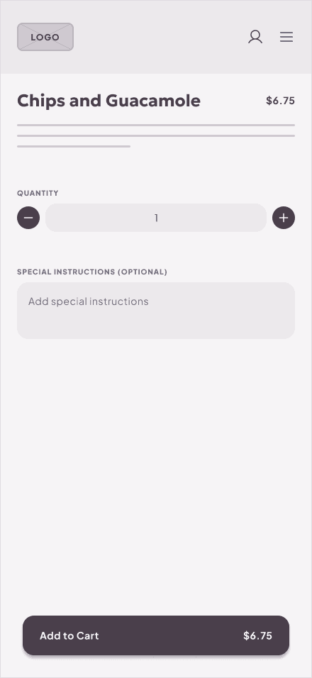 Wireframe: item screen
