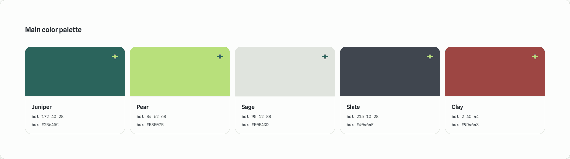 Evergreen main colour palette: Juniper, Pear, Sage, Slate, and Clay